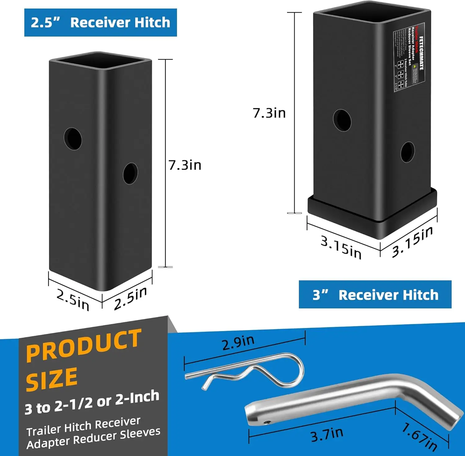 Fetechmate 3' to 2' & 2-1/2' Trailer Hitch Extender Adapter Set, Carbon Steel with Pin & Clip