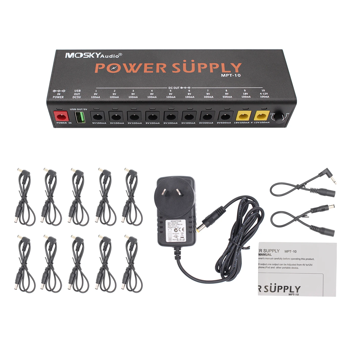 MOSKYAUDIO MPT-10, Pedal efek gitar 10 Output DC terisolasi/4-12v USB Output untuk 9V 12V 18V