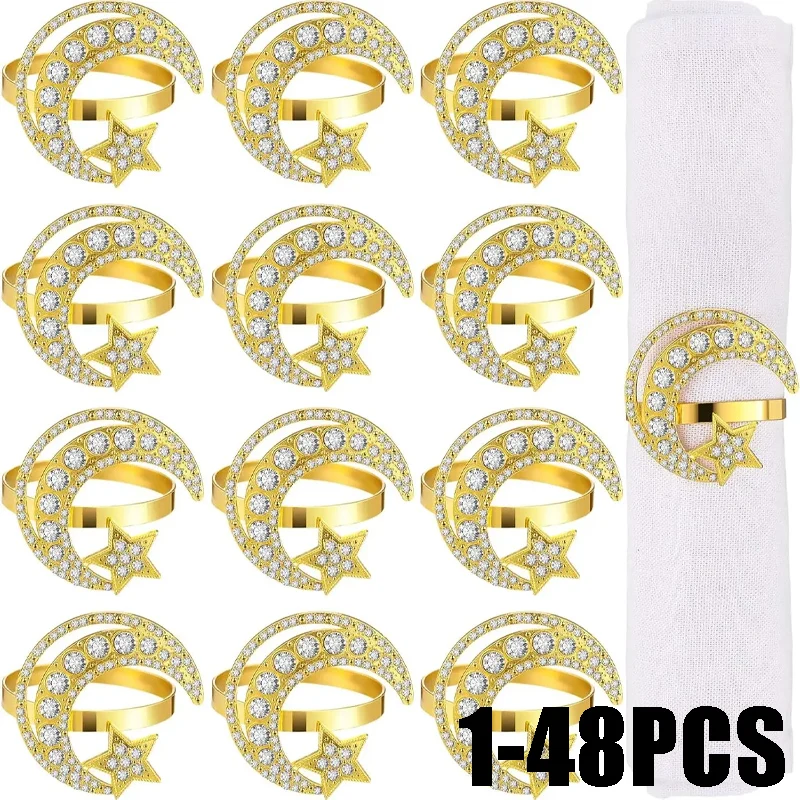 1–48 Stück Ramadan Crescent Star Serviettenringe Set Eid Mubarak Abendessen Serviettenhalter für muslimische Tischdekoration Feier