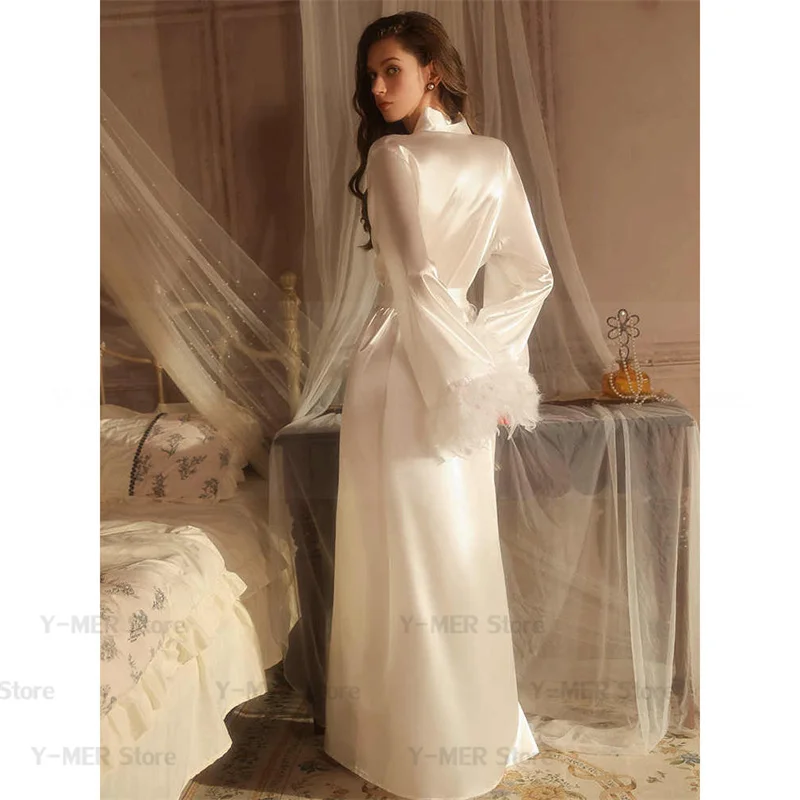 

Long Feather Sleeve Bathrobe Sexy Ice Silk Kimono Wedding Bride Dress Women Loose Sleepwear Loungewear Casual Nightgown