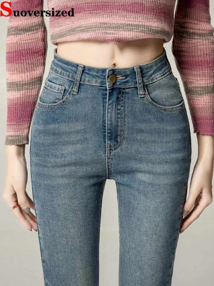 Jeans skinny svasati alla moda coreana Pantaloni casual in denim a gamba larga a vita alta da donna Primavera Autunno Nuovi Vaqueros slim vintage elasticizzati