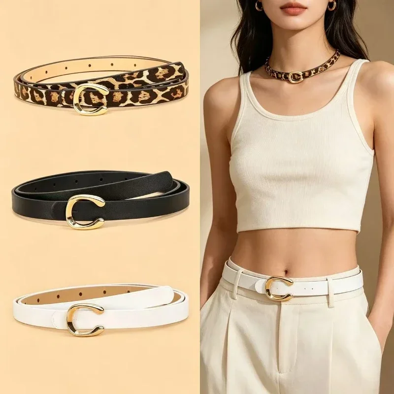 3pcs 2026 New Set of Leopard Print And Letter Print Belt, with U-Shaped Alloy Buckle - Women'S Versatile Thin Belt,