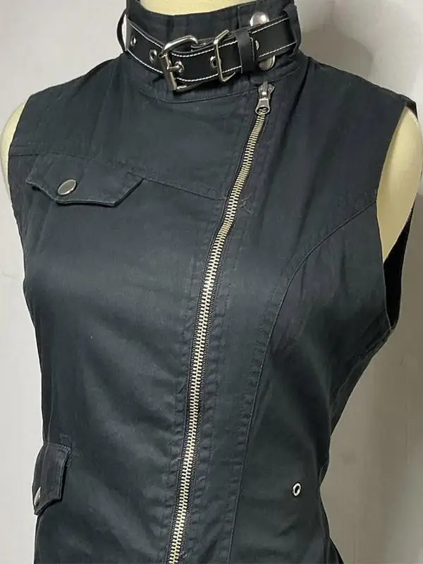 Vestido negro adelgazante de estilo gótico para mujer, novedad de verano 2025, Vestido corto sin mangas de gama alta con cuello levantado Vintage