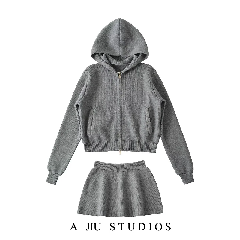 

Light Oxygen Bare Face Set mat Lazy Feel Sweater Hooded Open Cardigan Knitted Skirt Women's Faion Ensemble
