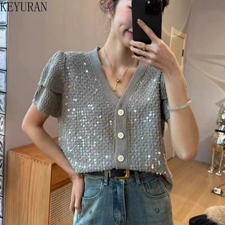 2024 Summer Sequin Knit Cropped Cardigan Women Elegant Fashion V-Neck Single Breasted Short Sleeve Sweater Female Knitwear Tops