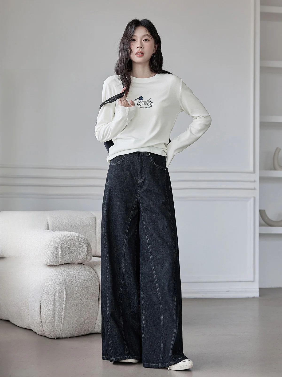 

Deep Blue High Waist Straight Leg Jeans Women's Retro Versatile Slimming HUIXI Dstring Casual Trousers for Autumn 2025