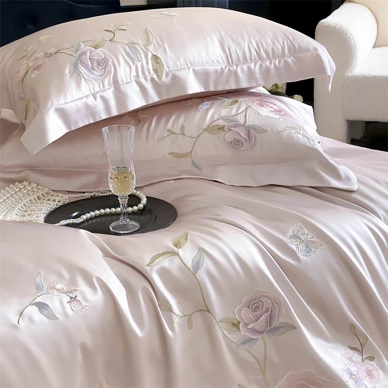 Pink Flowers Embroidery Luxury Brocade Egyptian Cotton Soft Silky Bedding Set Duvet Cover Flat/Fitted Bed Sheet Pillowcase 4Pcs