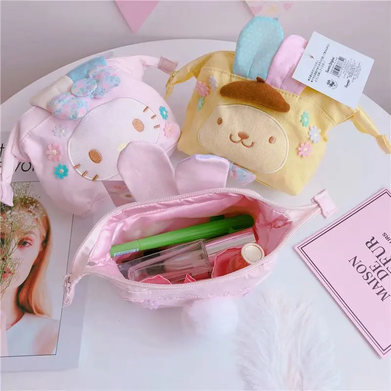 Kawaii Sanrio Canvas Cosmetic Bag Hello Kitty Cute Melody Lipsticks Makeup Large Capacity Portable Storage Zipper Pencil Bag