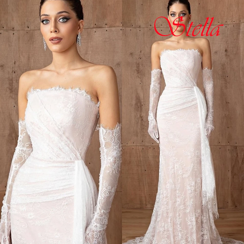 Personalizado requintado sem alças manga destacável 3/4 mangas vestido de noite delicado branco vestidos de baile luxo rendas vestidos de festa