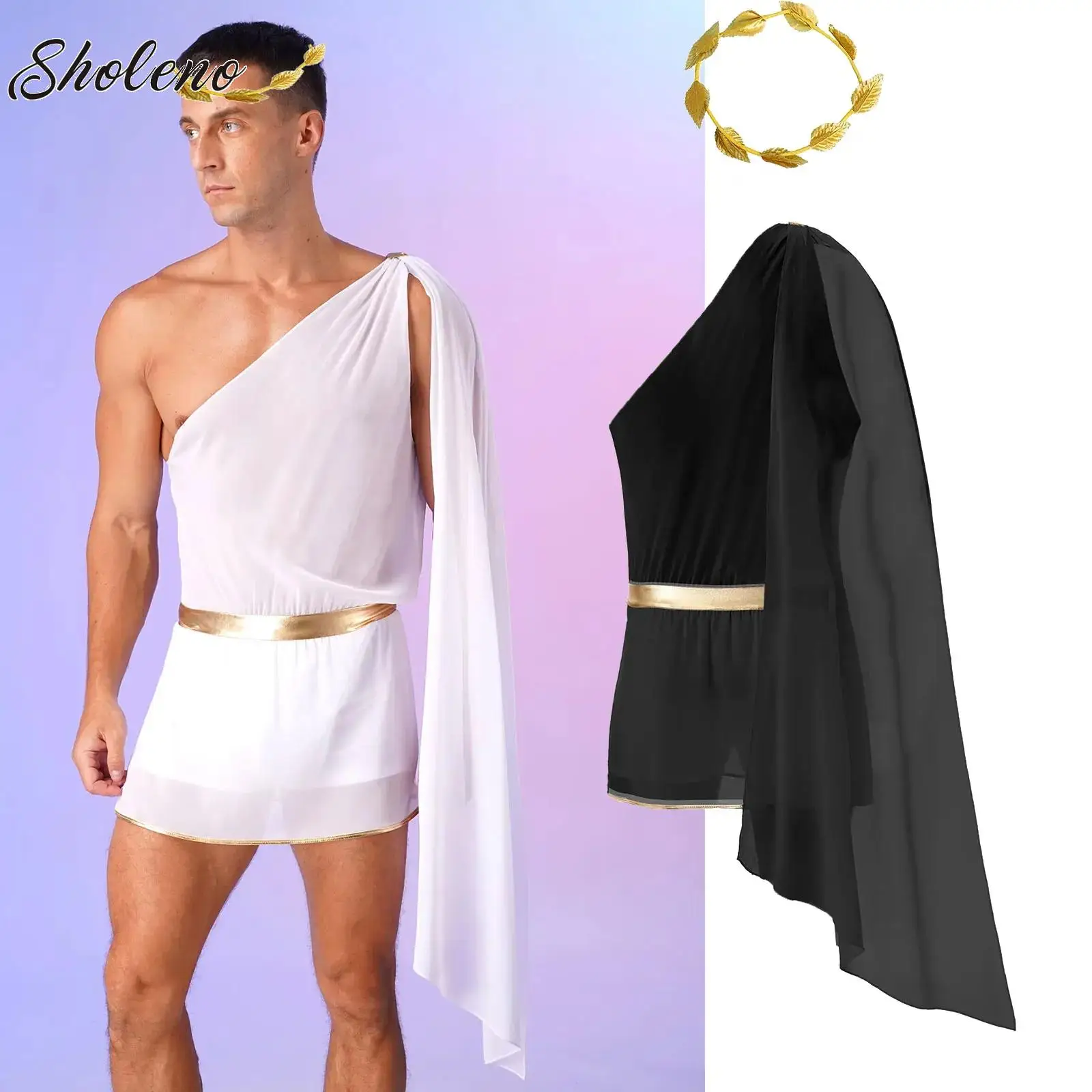 

Mens Ancient Greek God Gladiator Cosplay Outfit Halloween Roman Emperor Role Play Knight Warrior Costume Ruffle Skirt+Headwear