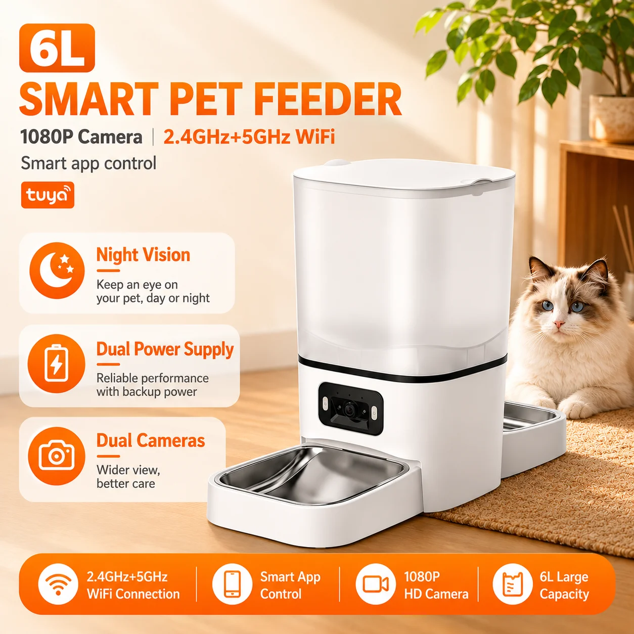 Distributeur automatique de nourriture pour chat à double bol de 6 L, distributeur intelligent pour animaux de compagnie contrôlé par l'application Tuya avec caméra de vision nocturne HD 1080P, prend en charge 2,4 G/5 G