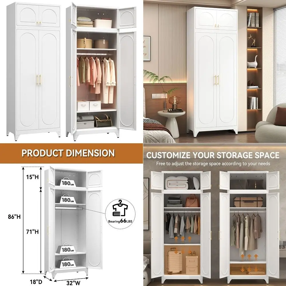 Armoire Wardrobe Closet with Hanging Rod, 86 Inch Tall Metal Wardrobe Cabinet, Metal Armoire with Doors, Large Freestanding War