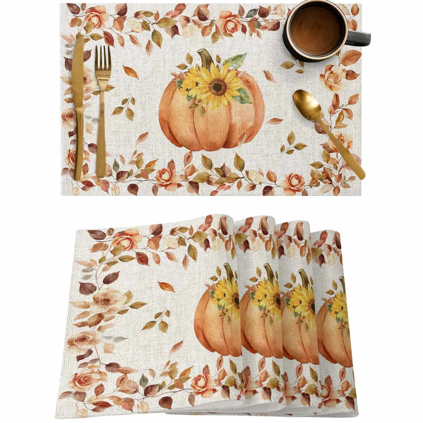 

4/6 Pcs Linen Background Thanksgiving Pumpkin Placemat Wedding Party Dining Decor Linen Table Mat Kitchen Accessories