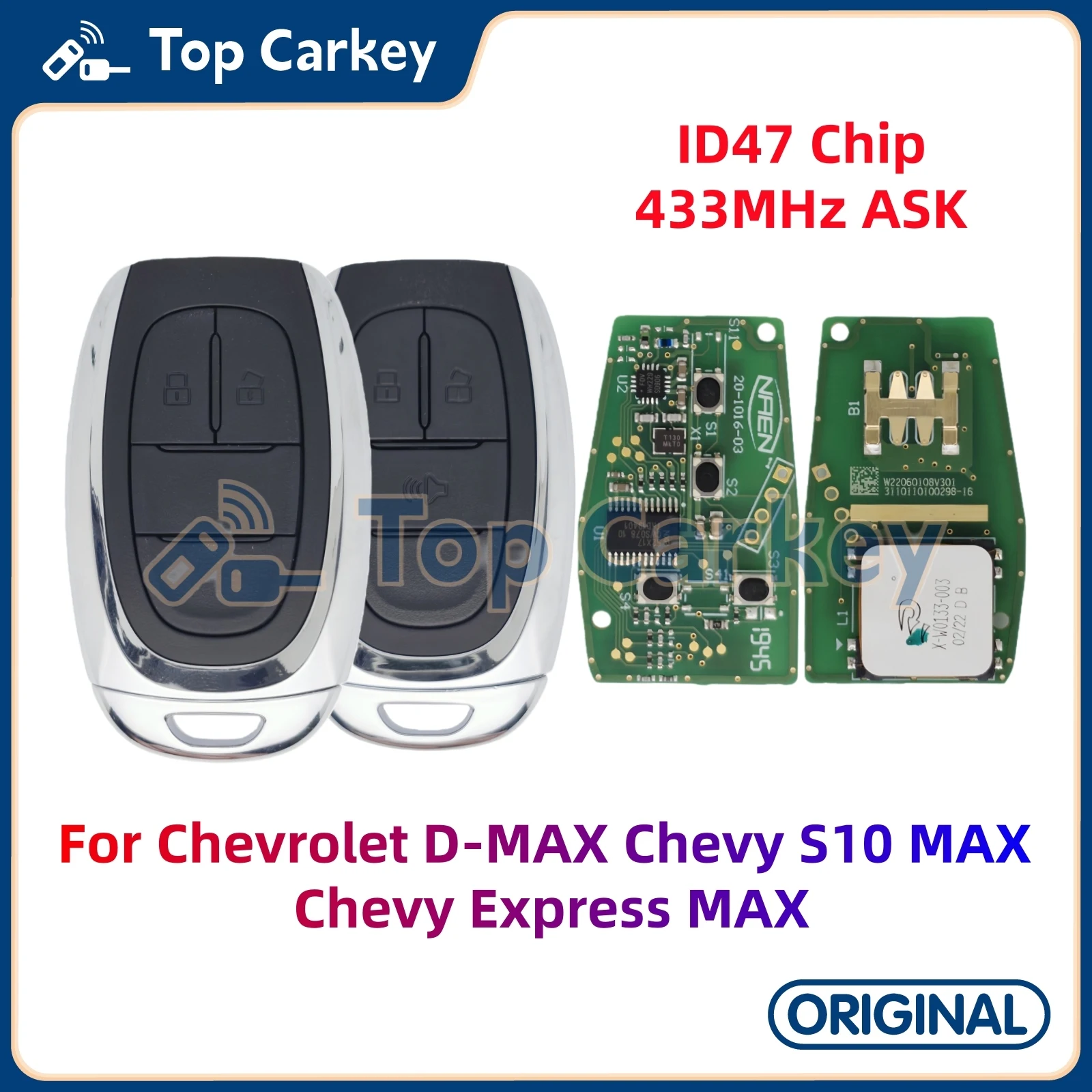 

Оригинальный умный дистанционный брелок TopCarkey ID47 чип 433 МГц для Chevrolet D-MAX Chevy S10 MAX Chevy Express MAX