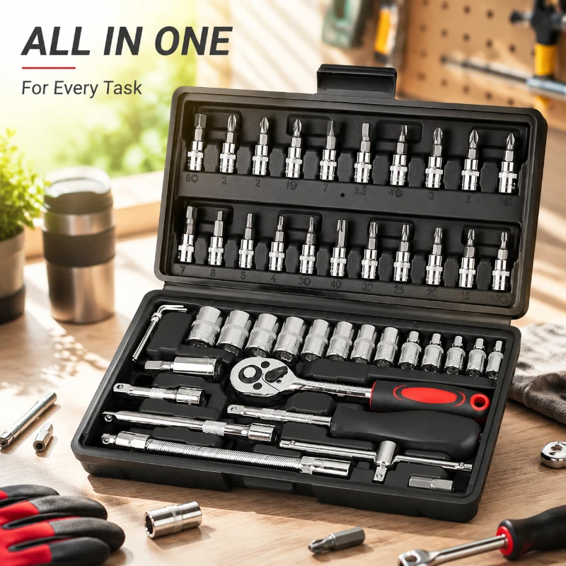 

46Pcs Complete Socket Ratchet Hand Tool Set Anti-rust Durable Gear Fitting Convenient For Car Disassembly And Daily Maintenance