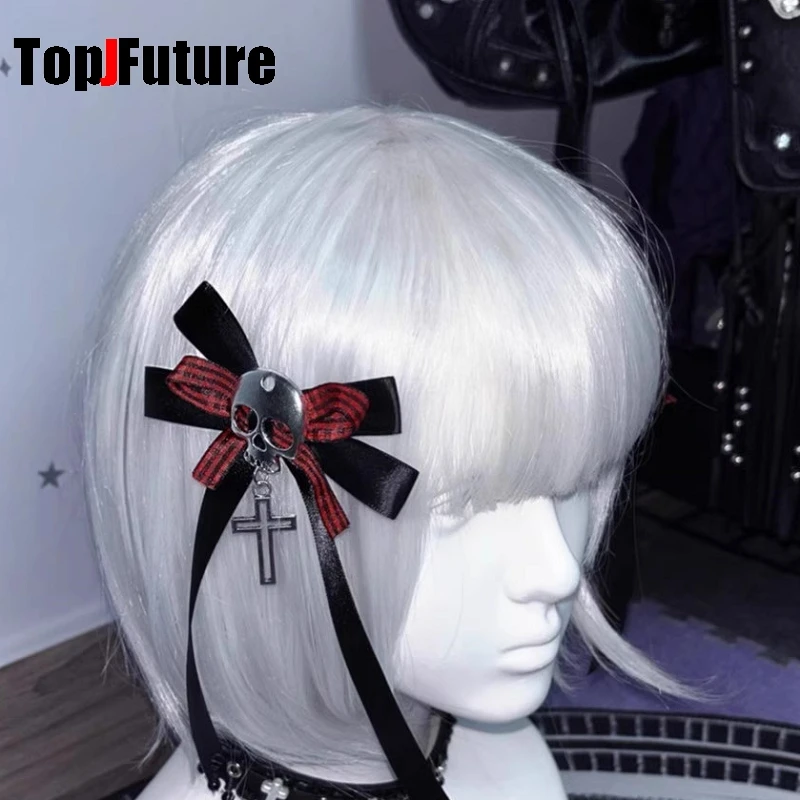 Y2K Girl Harajuku Gothic Primitive Subculture Punk Leather Bow Skull Cross Decorative Accessories Ponytail Braid Hair Clip
