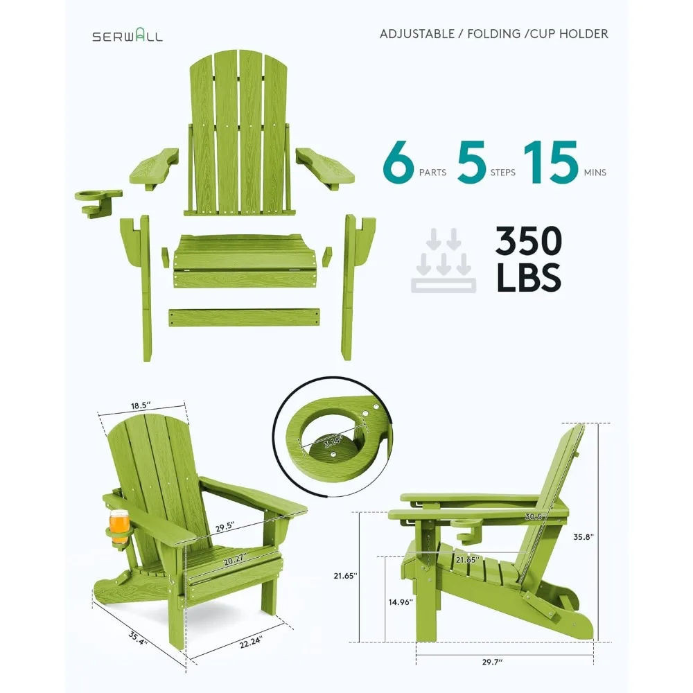 SERWALL Folding Adirondack Chair Set of 2, Reclining Adirondack chair with Cup Holder, Adjustable Adirondack Chair