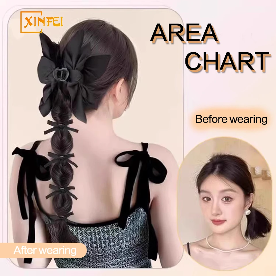 XINFEI wig sintetik lentera busur ekor kuda tinggi pita clip-on bud gelembung kepang rambut wig kepang