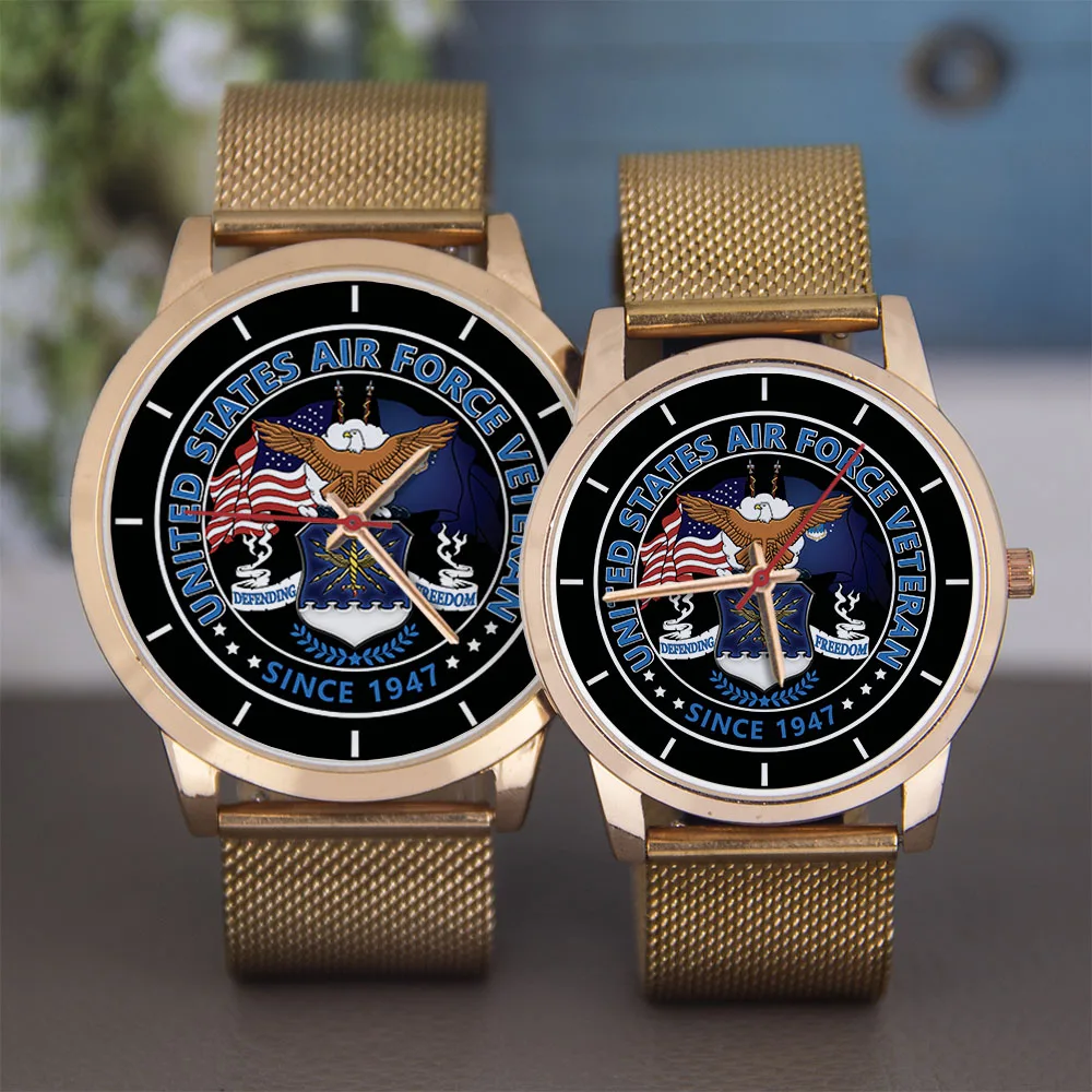 นาฬิกาข้อมือยูนิเซ็กซ์ ขนาด 45/38 มม. ของที่ระลึก อนิเมะ กองทัพอากาศสหรัฐฯ ของขวัญสำหรับทหารผ่านศึก นาฬิกาสีดำ หน้าปัดโลโก้สีโรสโกลด์ ดีไซน์เรียบง่าย