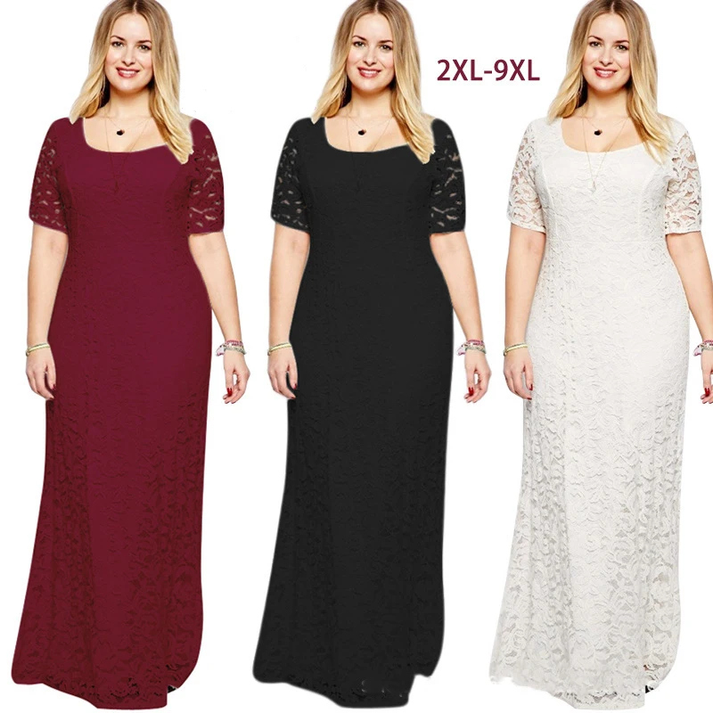 Summer Popular Fat MM Dress Plus Size Women\'s European And American Elegant Evening Dress Short-Sleeved Dress Lace