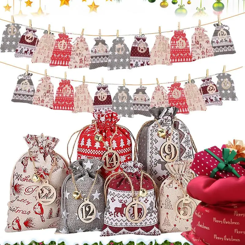 

Christmas Advent Calendar Burlap Bags 24 Days Christmas Advent Gift Bags Reusable Drawstring Candies Cookies Gifts Bag