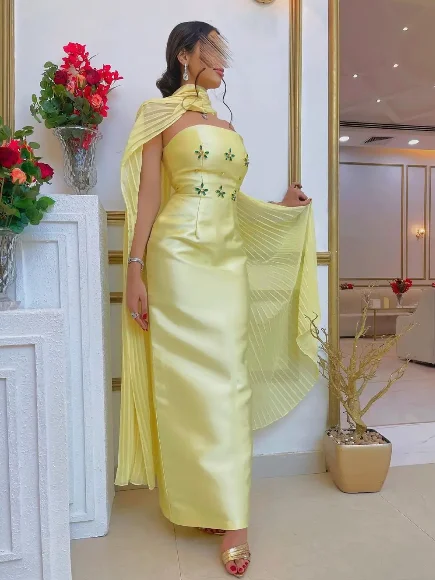 

Oisslec Yellow Strapless Prom Dresses Crystals Long Sheath Evening Party Dress with Wraps Wedding Guest Women Special Gowns