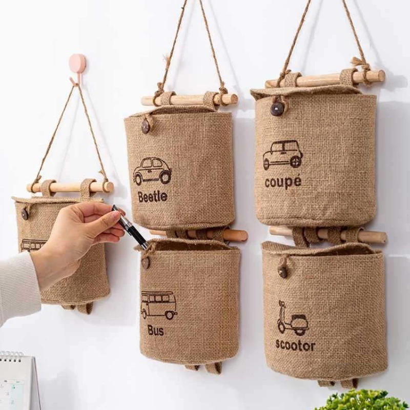 

Korean Style Yellow Hemp Fabric Storage Bag Multipurpose Hanging Bag Stationery Cosmetics Storage Home Decoration