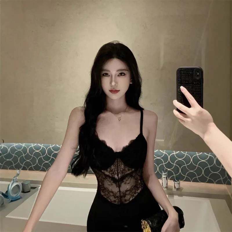 

Black Lace Patchwork Split Bodycon Dress Women Backless Slim Waist Elegant Evening Party Dress With Chest Pad Slip Midi Dress