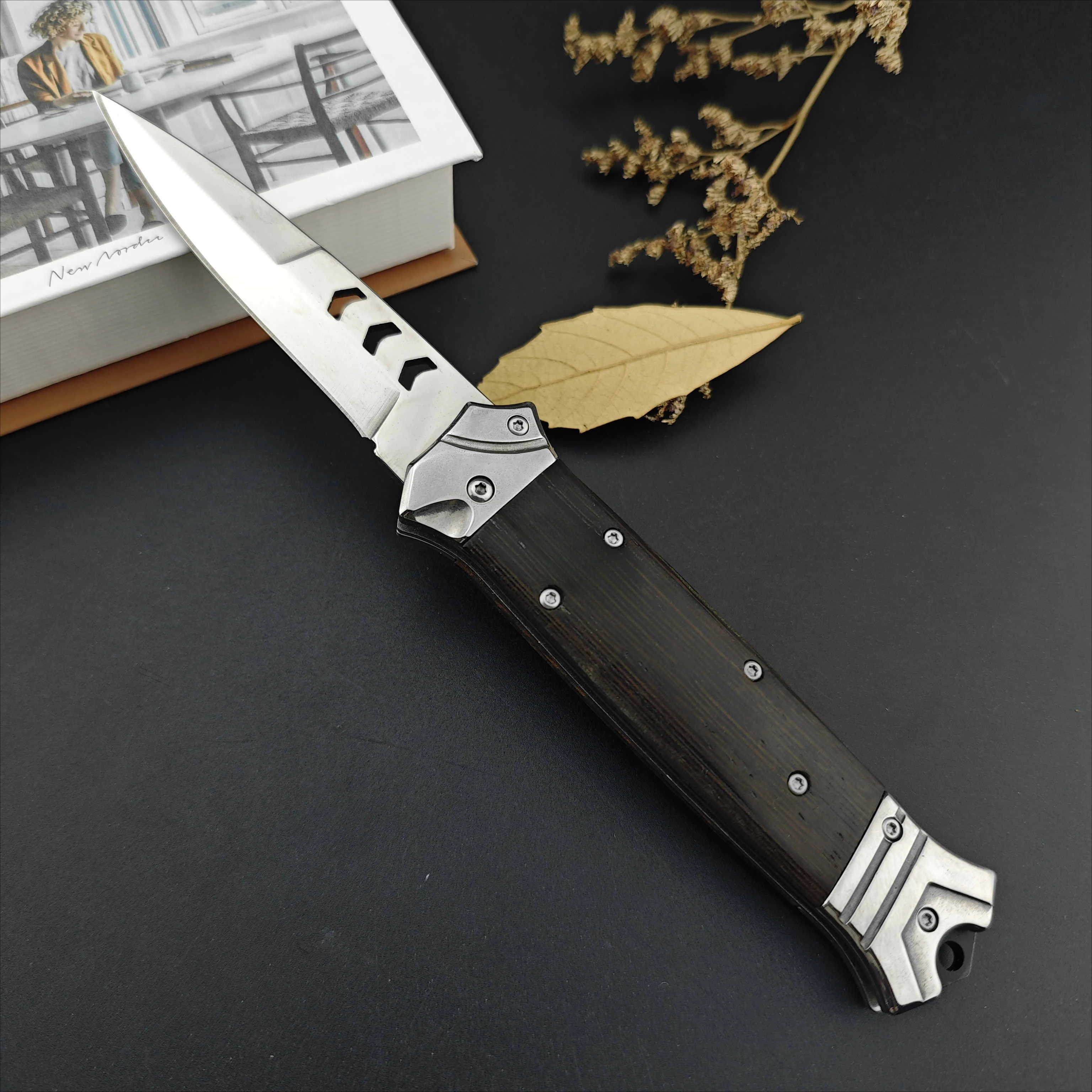 Survival Rescue 440C Blade Camping Hunting Chicken Wing Wooden Handle Hiking Tactics EDC Folding Knife with Sheath