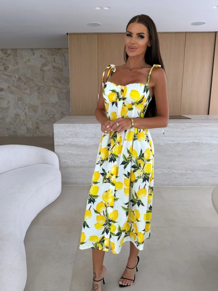 Summer French retro floral chiffon camisole dress with high waist design, slimming elastic skirt, beach vacation dress8090