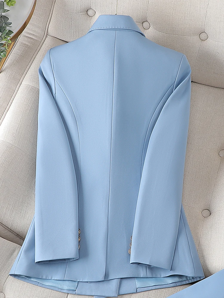 High Quality Female Blazer Women Blue Apricot Triple Breasted Slim Jacket Office Ladies Business Work Wear Formal Coat