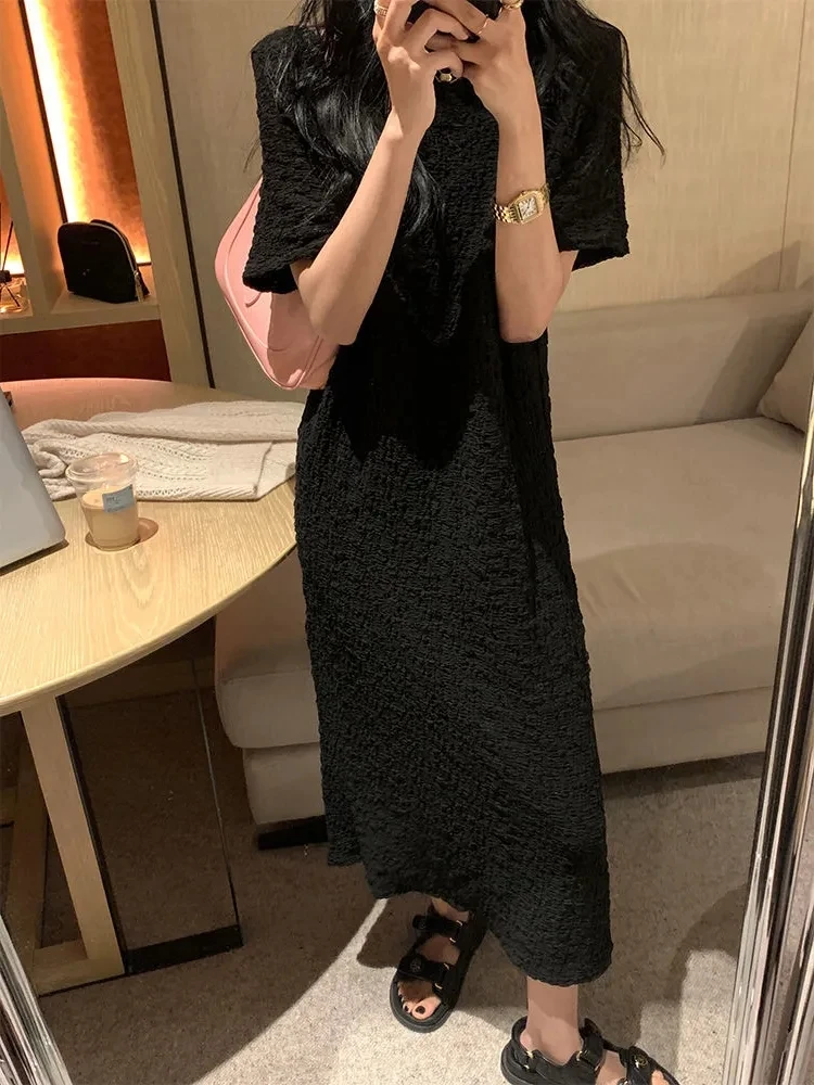 Vestido Midi de Verano Hoado con Mangas Cortas y Pliegues, Estilo Coreano, para Mujer de Talla ande (300 Libras), Ele...