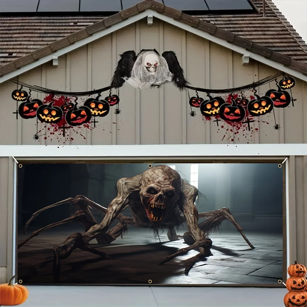 

Halloween garage door banner - Durable polyester fiber ghost-like giant skull spider design, for stimulating home walls