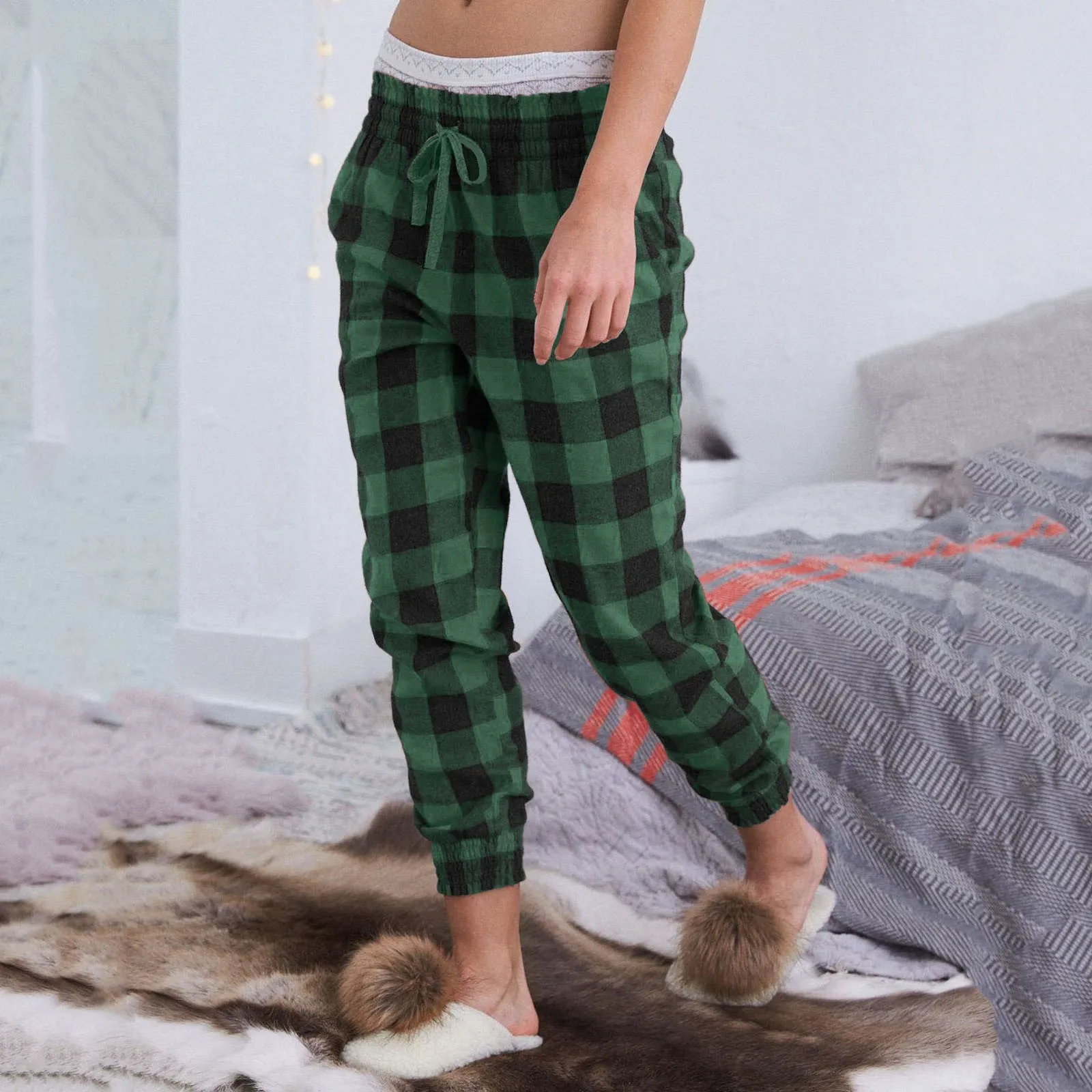 

Loose Comfortable Drawstring Elastic Waist Sleeping Pants Women's Plaid Printed Home Wear Casual Pants Outer Wear Long Pants