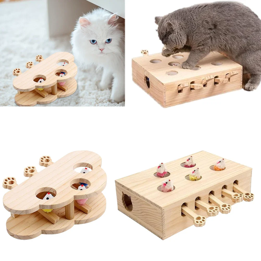 

Cats Whack A Mole Game Cat Pop Up Toy 3/5-Holed Solid Wood Cat Toy Interactive Wooden Hunting Toy Box for Indoor Cats Bug toy