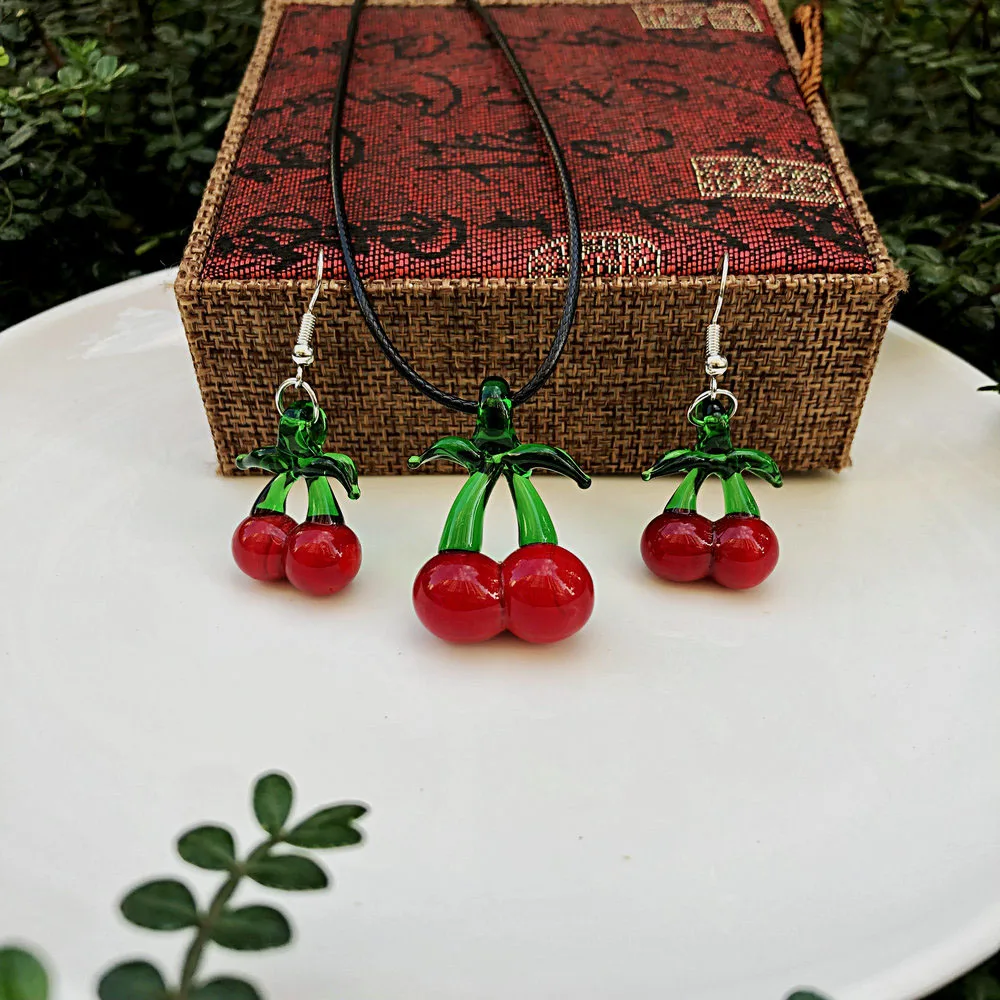 5 set Jewelry Red Cherry Fruit Lampwork Glass Muran Bead Necklace Earring For Women Fashion Cheap Items