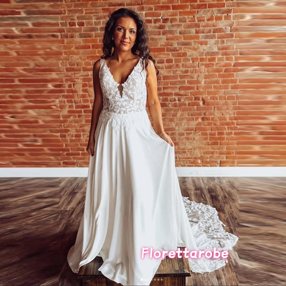 

Customized Luxury Chiffon Appliques Wedding Dress For Woman Bride Sleeveless V-neck V-back A-line Modern Vestidos Bridal Gown