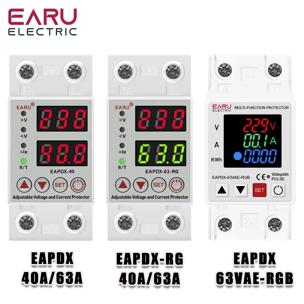 Din Rail Dual Display 40A 63A 230V Adjustable Digital Over Under Voltage Relay Protective Device Limit Over Current Protection