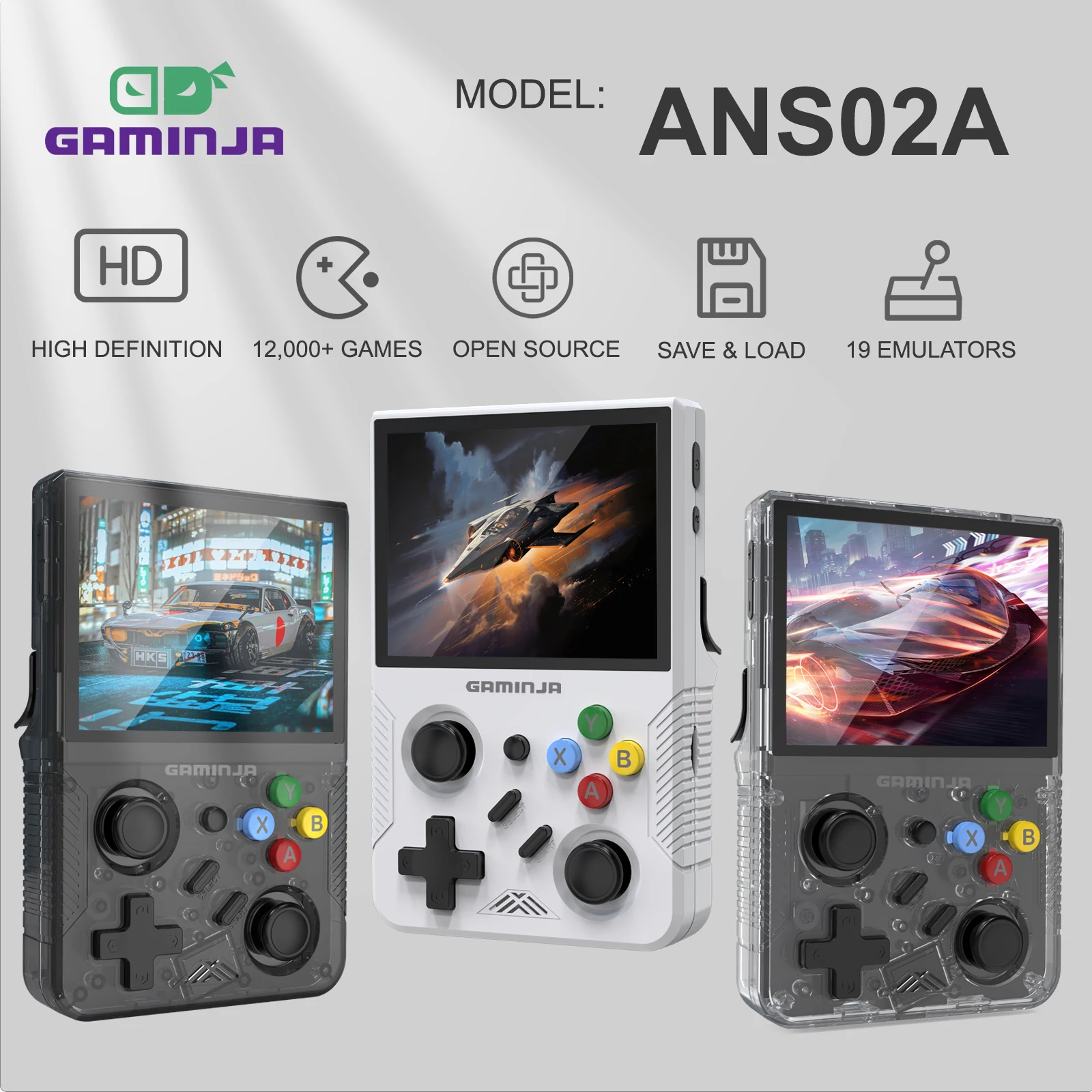 

GAMINJA ANS02A Open Source Retro Handheld Game Console Linux System 3.5 Inch IPS Screen Portable Pocket Video Player 64GB Games