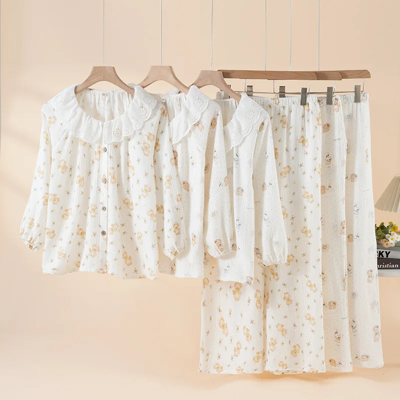 

Весенняя модная пижама с кружевным воротником для женщин: хлопковая, с круглым вырезом, милая и очаровательная, с длинными рукавами и брюками, домашняя одежда