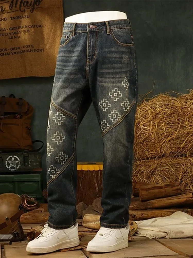 Spring and Autumn New Trendy Printed Straight Tube Elastic Jeans for Men's Casual Loose Sports High Quality Large Size Jeans