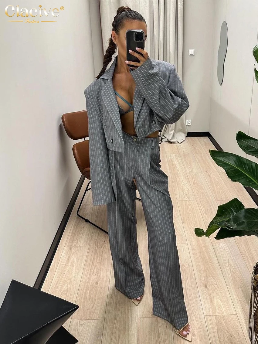 Clacive Fashion Loose Pink Stripe 2 Piece Sets Women Outfit 2025 Elegant Long Sleeve Crop Shirt With High Waist Wide Pants Set