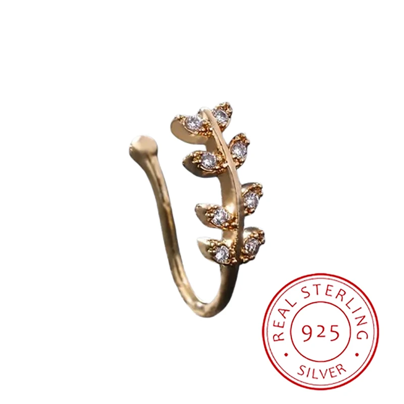 Personalized and Versatile S925 Silver 14K Gold Leaf Micro-set Synthetic Zircon Niche Design Nose Ring