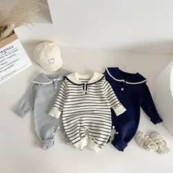 2024 Autumn New Baby Long Sleeve Knitted Romper Sailor Collar Newborn Clothes Infant Toddler Boy Girl Striped Casual Jumpsuit