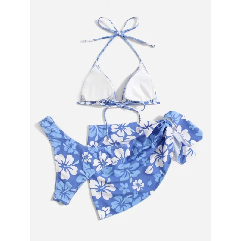 Costume da bagno micro bikini con motivo floreale donna sexy bikini a triangolo con lacci gonna copricostume estate 2025 nuovi bikini da spiaggia 3 pezzi