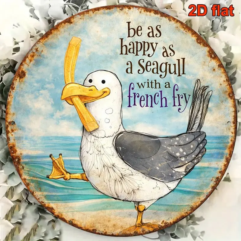 2D Humorous Wooden Round Disk Home Decor Simple Cute Seagull French Fries Design Ideal Restaurant Bar Balcony Party Decor 1PCS