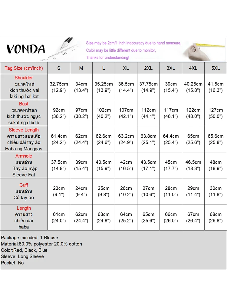 VONDA Modne Bluzki Damskie z Długim Rękawem w Kratę, Jesień 2025, Okrągły Dekolt, Eleganckie Koszule Biurowe w Stylu Koreańskim, Bluzka