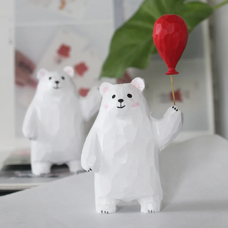 Handcarved Wooden Cute Little Bear Balloon Statue Creative Fengshui Lucky Wealth Home Desks Decor Animal Birthday Festival Gift