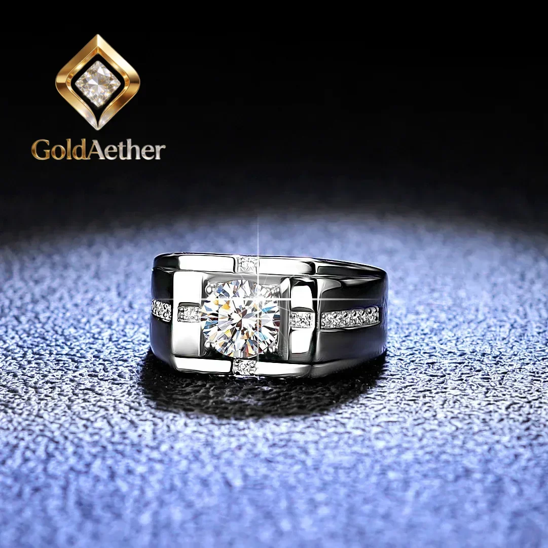 

GoldAether Solid 18K White Gold Ring 1CT Moissanite Male's Wedding Ring Stone Certified Natural Diamond Rings For Man D Color V
