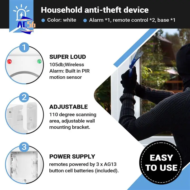 AC56-Infrared Motion Sensor Alarm - Burglar Alarm With 2 Remote Controls, Suitable For Home/Garages/Shops